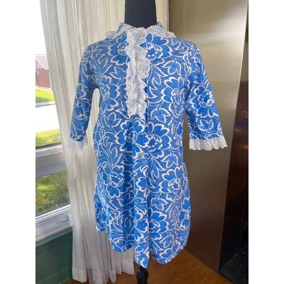 Vintage 1950s peignoir, short blue floral 3/4 sleeves robe, Dream-A-Way - Picture 1 of 9
